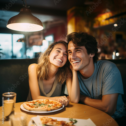 Happy young adult couple have fun eating a pizza together by night in traditional italian pizzeria restaurant sitting and touching romantic. People enjoying food and dating relationship. Tourists