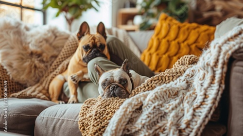 A person in casual clothes cuddles with their furry friend on a comfy couch, ...