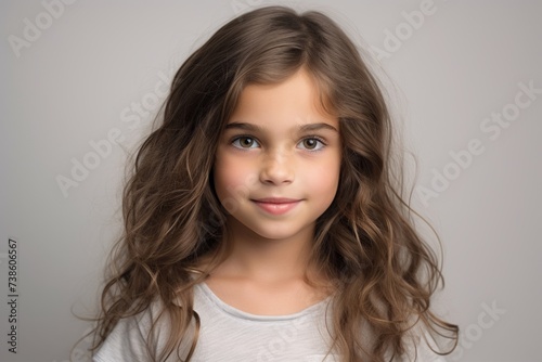 Portrait of a beautiful little girl with long curly hair, over grey background