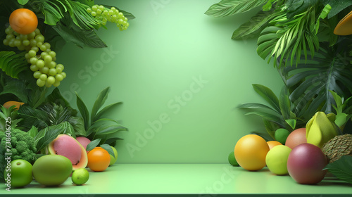 Green photo frame filled with fruits and nature.