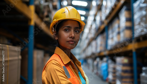 Confident Indian woman supervisor in a safety suit at a bustling factory © PrabhjitSingh