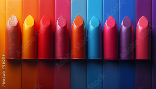 Group of tubeless lipsticks placed in a line on a multicolored background photo