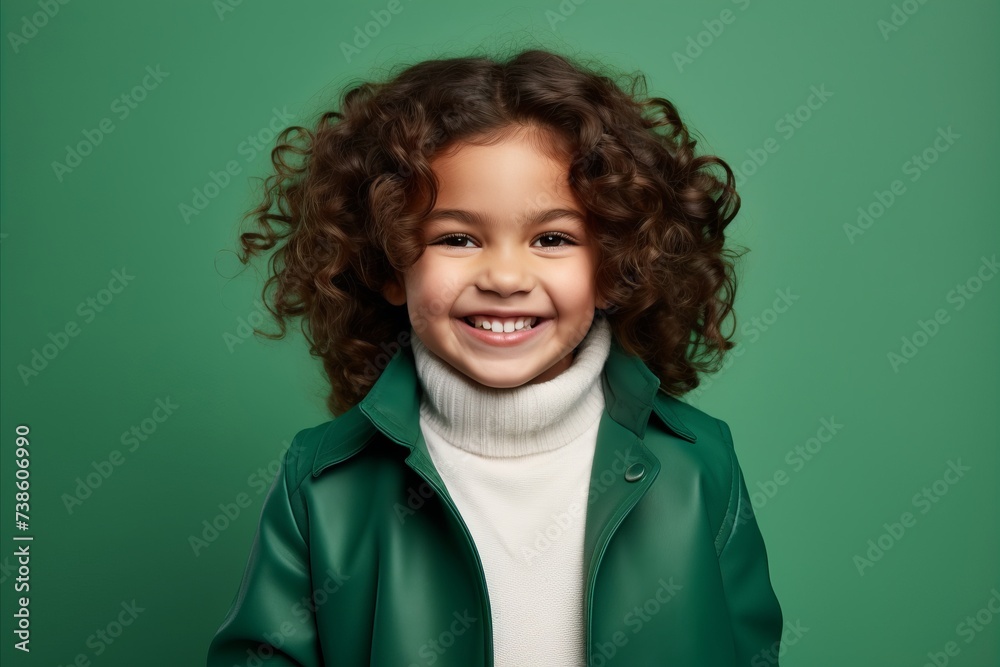 Portrait of a cute little girl with curly hair in a green coat on a green background Portrait of a cute little girl with curly hair in a green coat on a green background