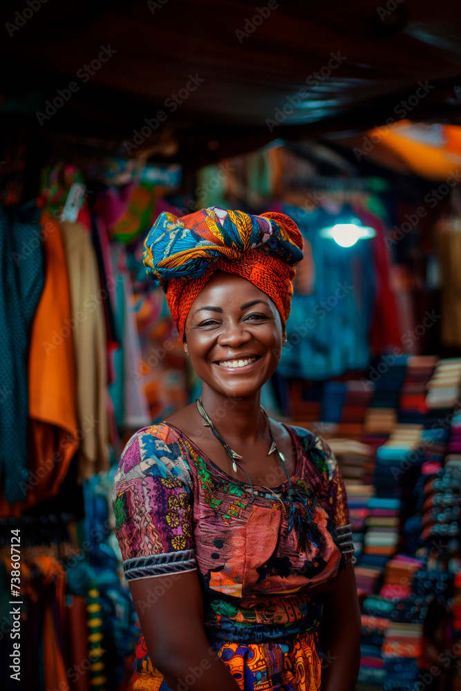 Smiling woman in African dress at market