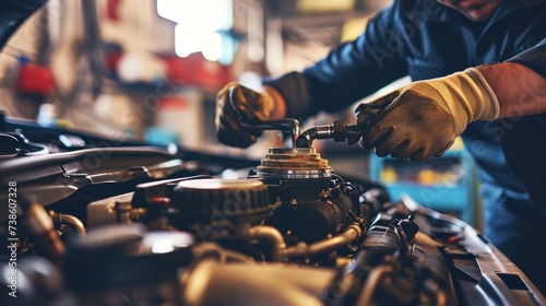 mechanic is doing the annual car inspection. Car repair shop is ready to serve. Car mechanic inspects car engine problems technical inspection engine safety Maintenance Changing the engine oil © Polpimol