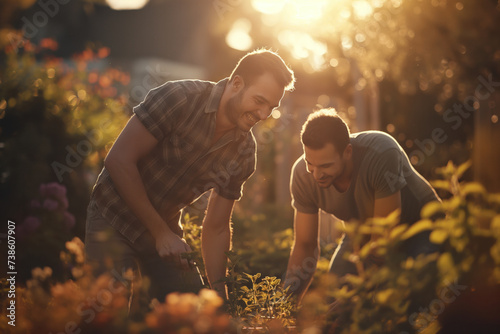 gay couple gardening together, outdoor photo