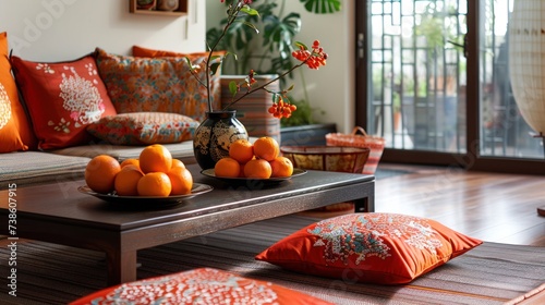 In a festive living room, a coffee table adorned with tangerines and cushions...