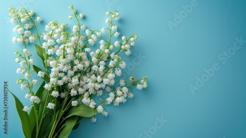 A beautiful bouquet of White lilies of the valley lies on the left on a blue minimalistic pastel background