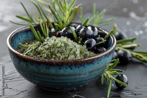 a cross of olive and rosemary in a bowl of black salt with olives