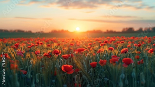Beautiful field with poppies at sunset. There are poppy flowers below and green grass above the sun