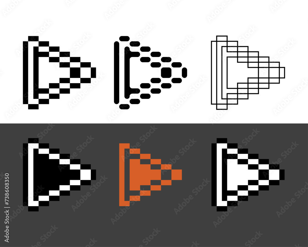 Pixel art outline set icon of play button in variation color.Play button icon on pixelated style 8bits perfect for game asset or design asset element for your game design. Simple pixel art icon asset. Pixel art outline set icon of play button in variation color.Play button icon on pixelated style 8bits perfect for game asset or design asset element for your game design. Simple pixel art icon asset.