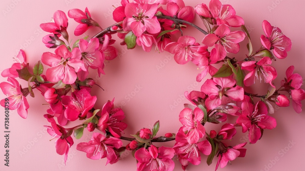 Flowers composition. Wreath made of pink flowers on pink background