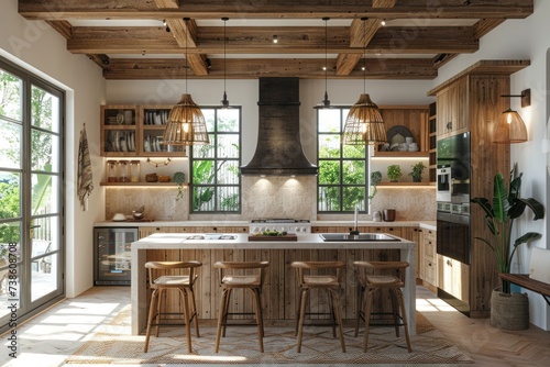 an open kitchen is shown varying wood grains, lively tableaus photo