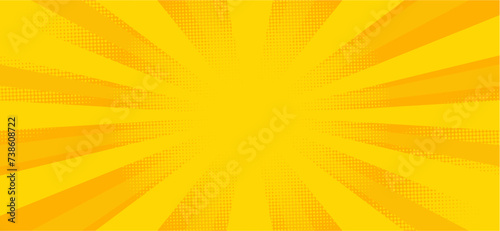 yellow comic background with sun burst and dot halftone. Cartoon funny retro pattern strip mock up. Vector halftone illustration. Vintage backdrop for comic superhero text, speech bubble, message. photo