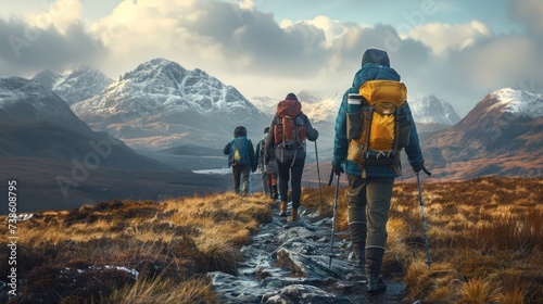 Hikers in hiking boots and layers of clothing ascend a rugged trail, snow-capped peaks looming in the distance photo