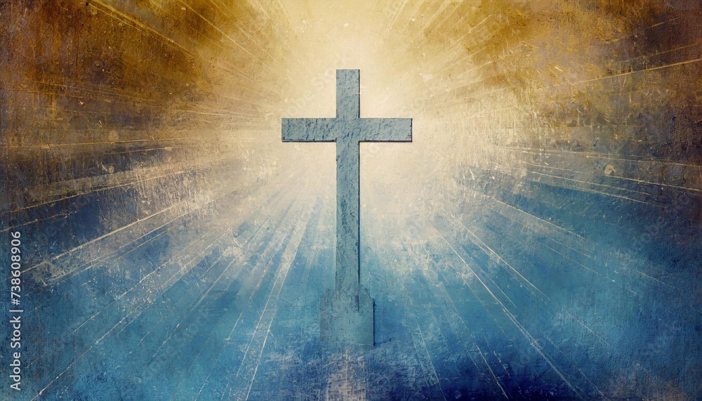 Cross on grunge background. Cross with rays of light. Christian symbol.