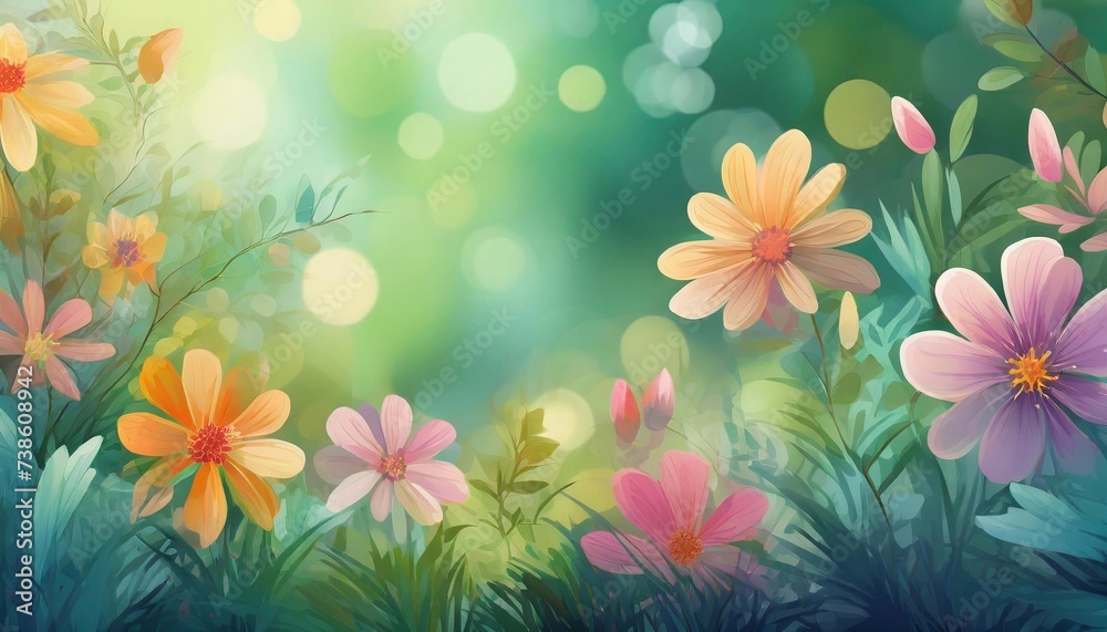 Illustration of colorful flowers in a field on a soft green blurred background with bokeh. Illustration of colorful flowers in a field on a soft green blurred background with bokeh.