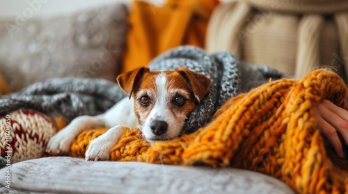 A person in casual clothes cuddles with their furry friend on a comfy couch, ...