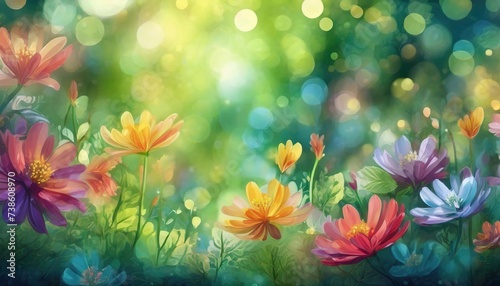 Nature background with flowers and bokeh effect on green background in field. © Євдокія Мальшакова