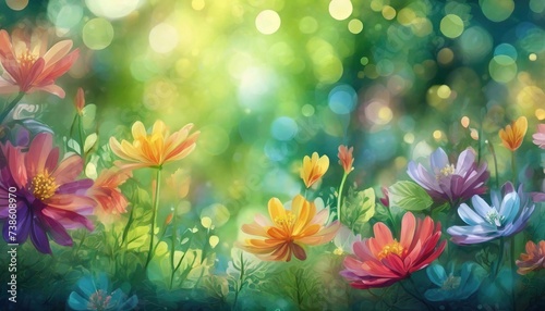 Nature background with flowers and bokeh effect on green background in field.