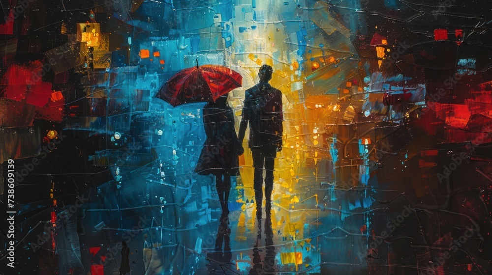 A pair under an umbrella, their reflections shimmering on rain-slicked streets, splashes of color from umbrellas