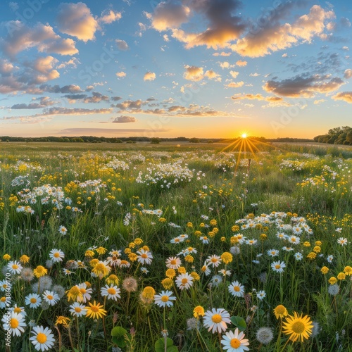 A stunning summer scene with a natural backdrop featuring yellow and white da...