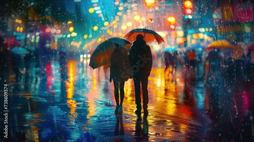 A pair under an umbrella, their reflections shimmering on rain-slicked street...