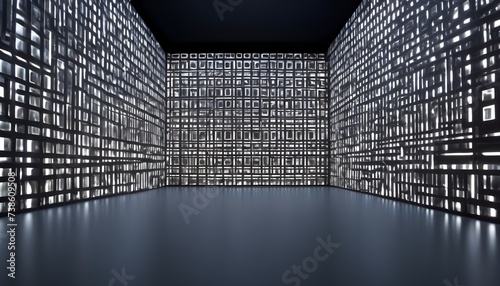 Empty bunker room with grometric pattern iron and steel tiles walls, light from behind them photo