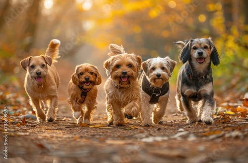 five dogs walking in the park