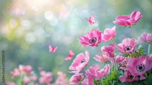 Fresh pink anemone flowers bloom on a beautiful spring morning in nature