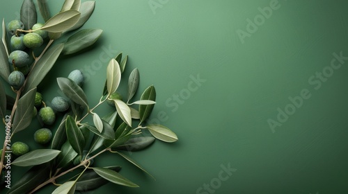 Minimalistic olive green background with a branch of olives on the left and f...