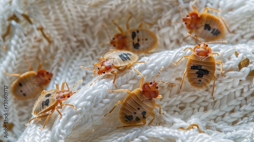 A bedbug colony can be seen on a white sheet on a bed in the bedroom from a t...