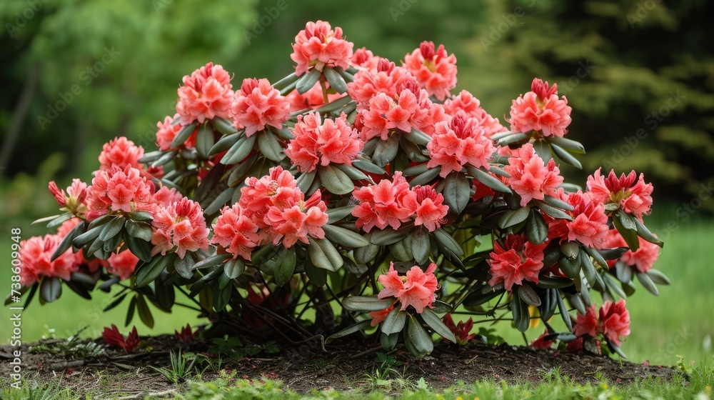 Beautiful bright background of a summer garden with a flowering red rhododendron bush