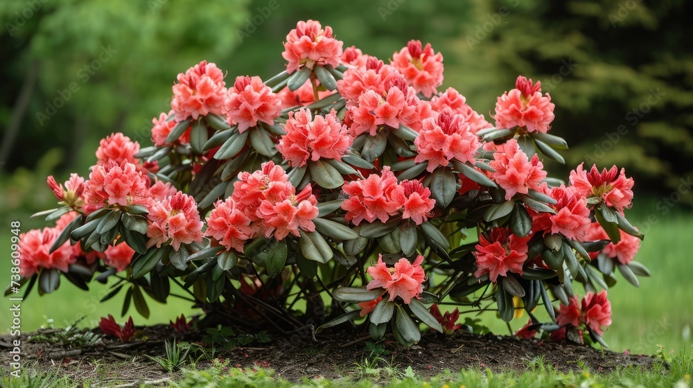 Beautiful bright background of a summer garden with a flowering red rhododendron bush Beautiful bright background of a summer garden with a flowering red rhododendron bush