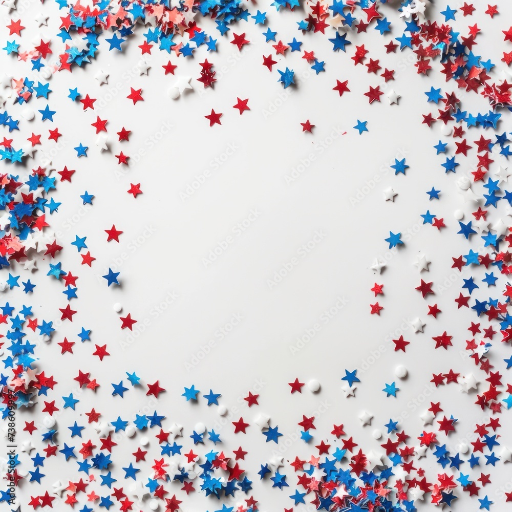 Concept of a Public Holiday in the USA. An aerial shot captures an empty space enclosed by red, white, and blue star Concept of a Public Holiday in the USA. An aerial shot captures an empty space enclosed by red, white, and blue star