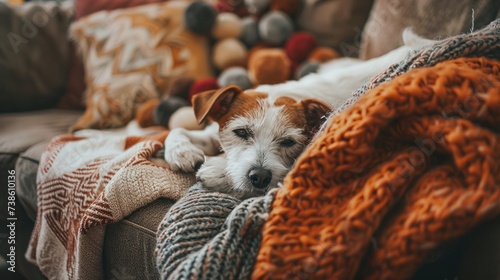 A person in casual clothes cuddles with their furry friend on a comfy couch, ...