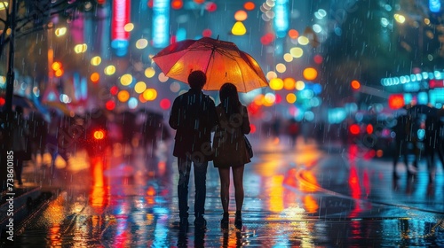A pair under an umbrella, their reflections shimmering on rain-slicked street...