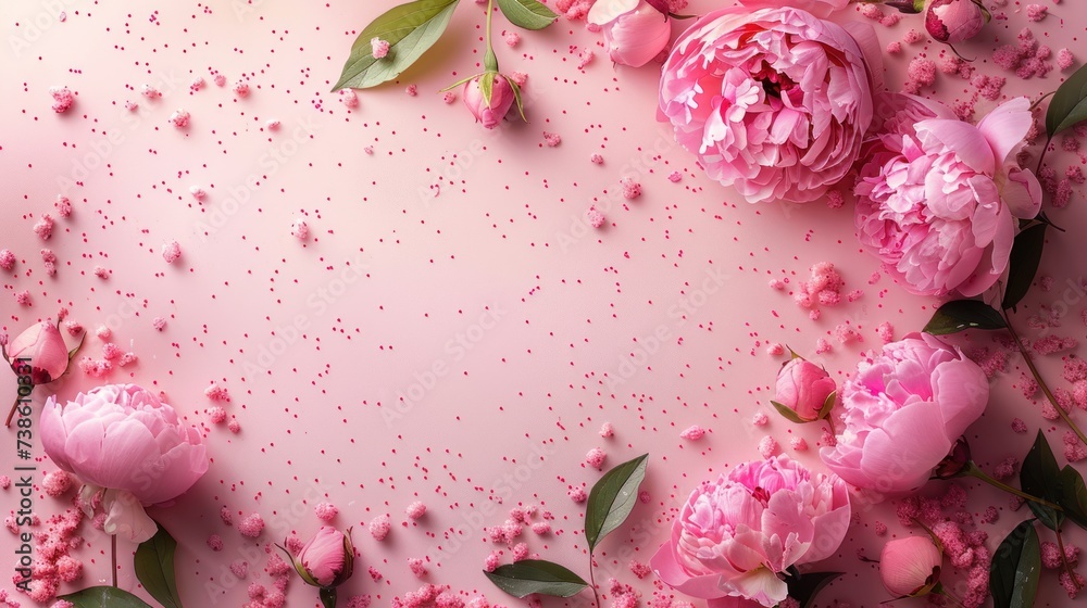 International Women's Day. A top-down image featuring pink peony rosebuds and sprinkles on a pastel pink background International Women's Day. A top-down image featuring pink peony rosebuds and sprinkles on a pastel pink background
