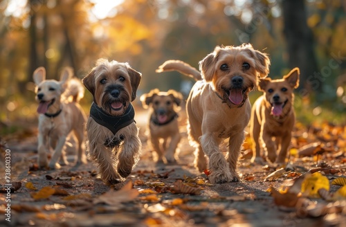 five dogs walking in the park