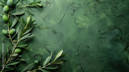 Minimalistic olive green background with a branch of olives on the left and f...