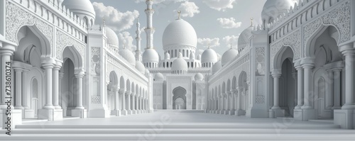 Majestic mosque showcasing tall minarets, monochrome Eid celebration banner, 3D digital art