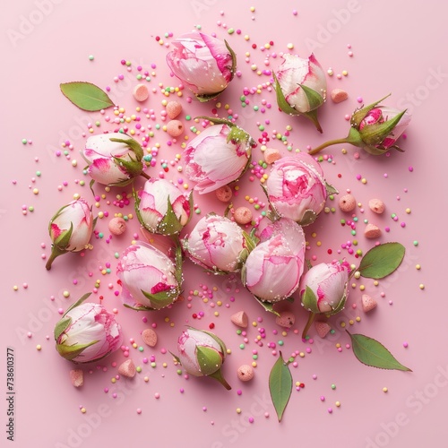 International Women's Day. A top-down image featuring pink peony rosebuds and...