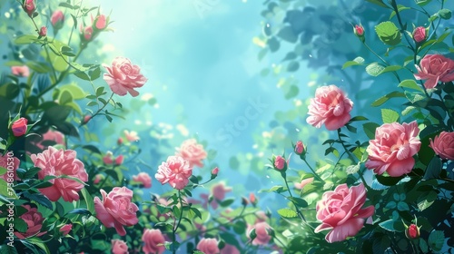 Beautiful bright background of a summer garden with a flowering rose bush