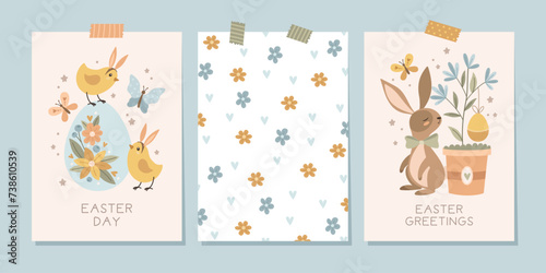 Holiday Easter cards with cute bunnies, chick and floral background. Vector illustration