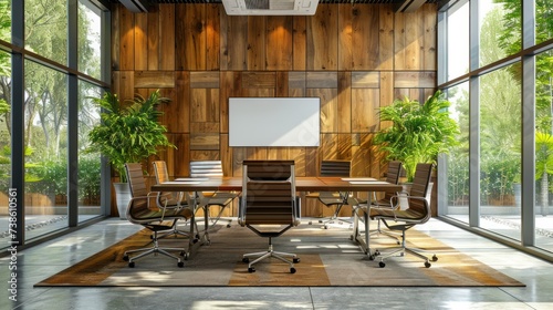 Contemporary conference room design in a modern office, featuring wooden wall...