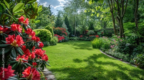 Beautiful bright background of a summer garden with a flowering red rhododend...