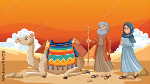 Illustration of travelers with camel in desert setting