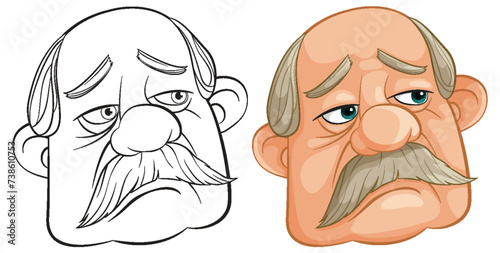 Two illustrations of a cartoon elderly man's face.