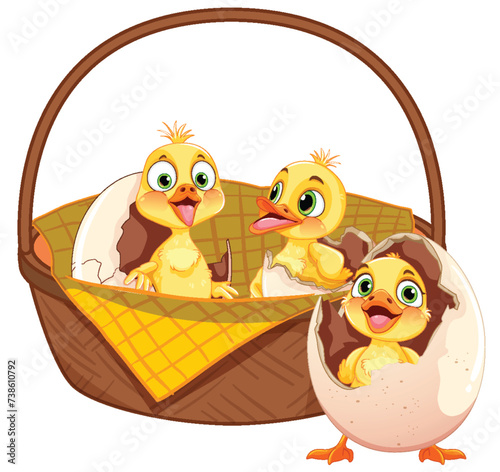 Three cartoon ducklings in a picnic basket
