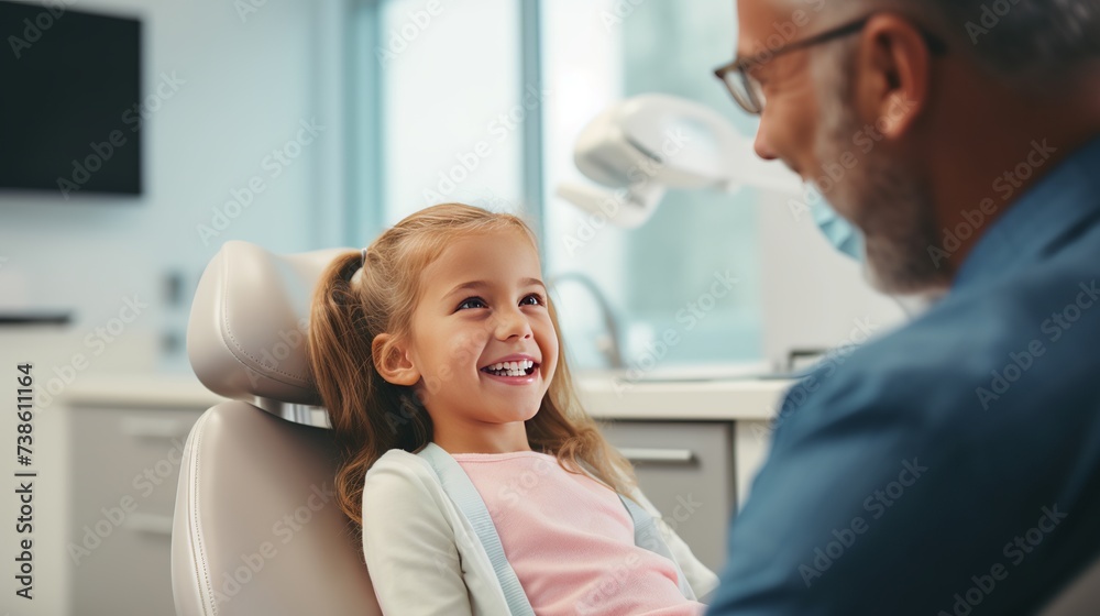 Hands of unrecognizable pediatric dentist making examination procedure for smiling cute little girl sitting on chair in hospital. Dentist office. Little girl sitting in the dentists office Hands of unrecognizable pediatric dentist making examination procedure for smiling cute little girl sitting on chair in hospital. Dentist office. Little girl sitting in the dentists office